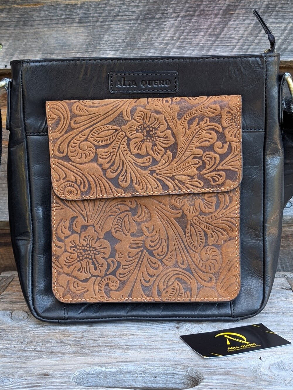 ALTA QUERO Black Leather Tooled Floral Crossbody Bag